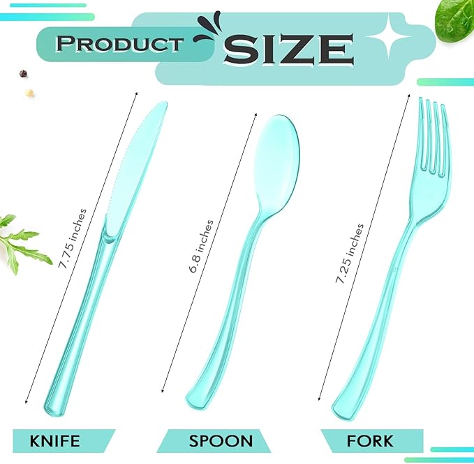 Minatee 150 Pieces Disposable Cutlery Set Plastic Silverware Heavy Duty Utensil Sets 50 Forks 50 Knives 50 Spoons for Home Office School Party Picnics Restaurant Outdoor Events(Light Green)