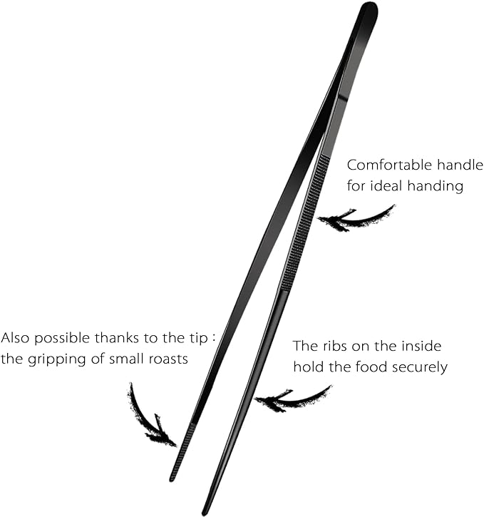 12-Inch Black Kitchen Fine Cooking Tweezers Tongs,Stainless Steel Long Food Tweezers Tongs