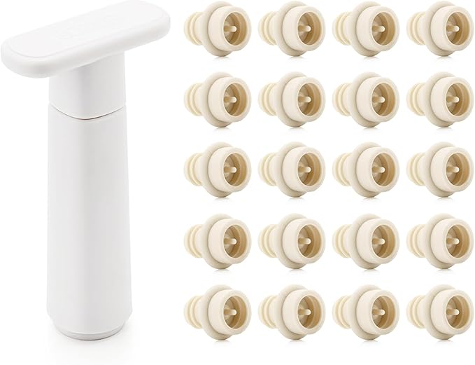 WOTOR Wine Saver Vacuum Pump with 20 Stoppers, Wine Stopper & Preserver, Reusable Bottle Sealer Keeps Fresh, Ideal Accessories Gift, Flat Handle (White)