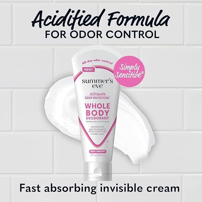 Summer's Eve, Whole Body Deodorant for Women, Ultimate Odor Control, Aluminum Free Deodorant, 3 Fl Oz + Simply Sensitive Daily Refreshing Feminine Wipes, Removes Odor, pH Balanced, 12 Count-BrightBean Baby
