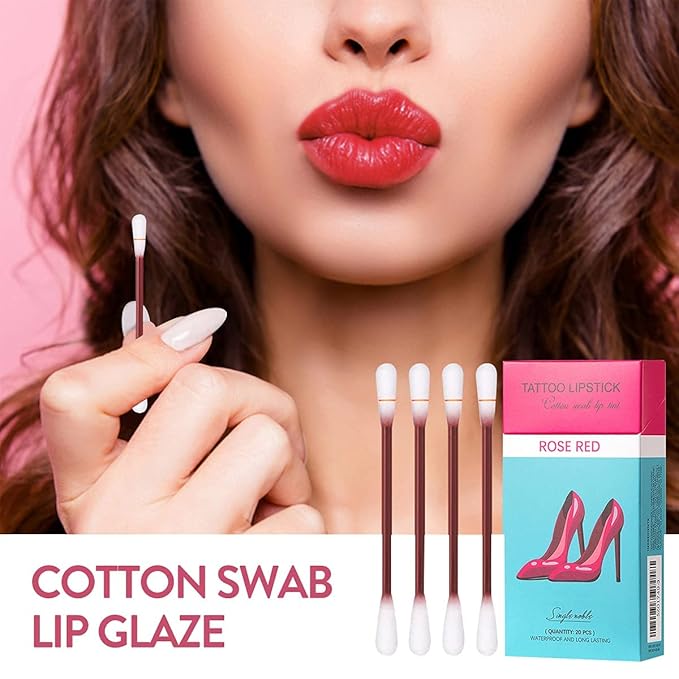 FLIPNEX 20Pcs Cotton Swab Tattoo Lipstick, Tattoo Lipstick Cotton Swab Lip Tint, Waterproof and Long Lasting Liquid Non-Stick Portable Lip Gloss (Rose)-BrightBean Baby