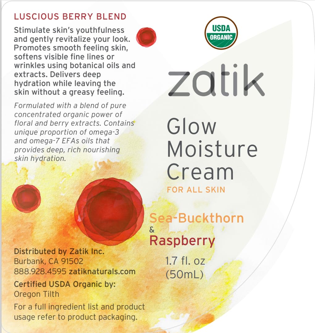Zatik Naturals - Glow Moisture Cream, Sea-Buckthorn & Raspberry Luscious Berry Blend, USDA Certified Organic, Vegan, Non-GMO, Gluten Free, Alcohol Free, pH Balanced, Biodegradable, 1.7 oz, 50 mL-BrightBean Baby