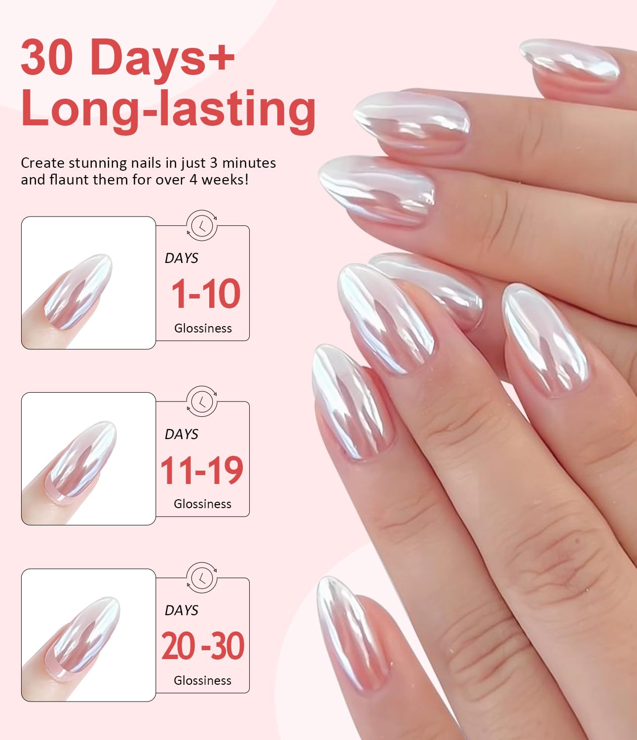 Pearl Chrome Nail Powder BISHENGYF -【Fairy Effect】 Pink Chrome Nail Powder White Pearlesent Aurora Mermaid Iridescent Nail Chrome Powder, Metallic Mirror Glitter Pigment Dust for Nail Art DIY 2PCS-BrightBean Baby