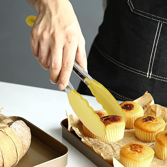 Small Appetizer Tongs 7-Inch Silicone Tipped Kitchen Tongs, Set of 3 (Yellow)