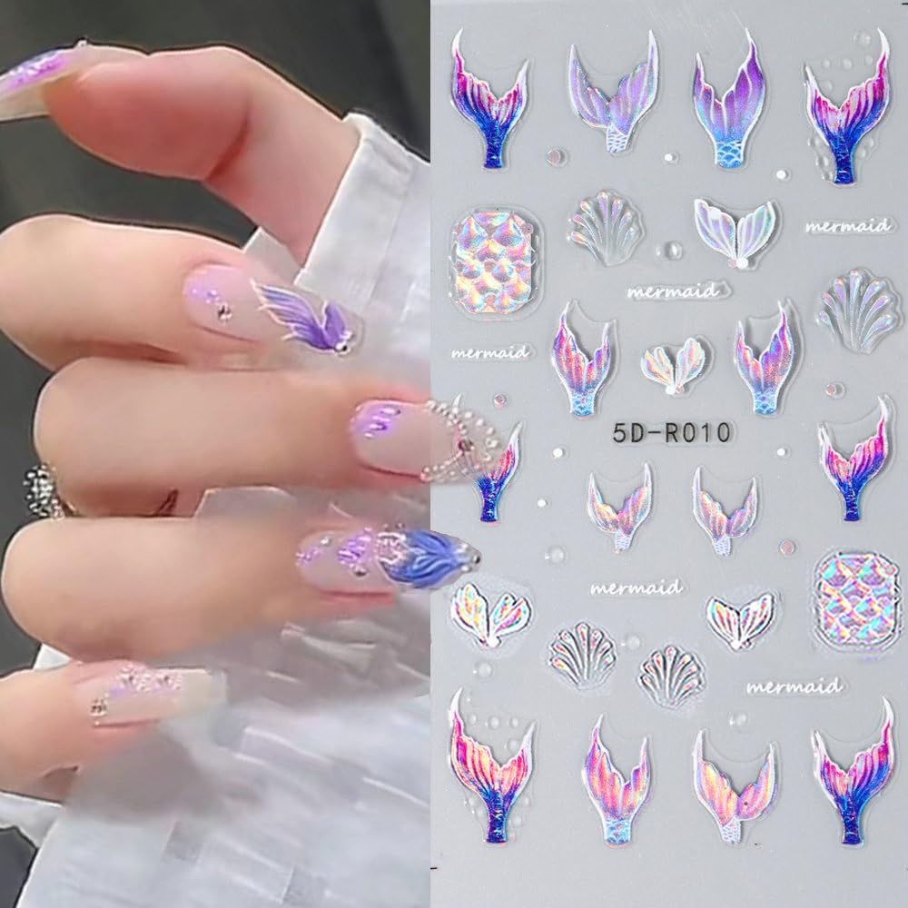 5D Dreamy Mermaid Tail Nail Stickers Summer Nail Decals 5D Embossed Laser Mermaid Nail Art Stickers Sea Wave Fishtail Shellfish Starfish Nail Design Stickers Self Adhsive Ocean Stickers for Nails DIY-BrightBean Baby