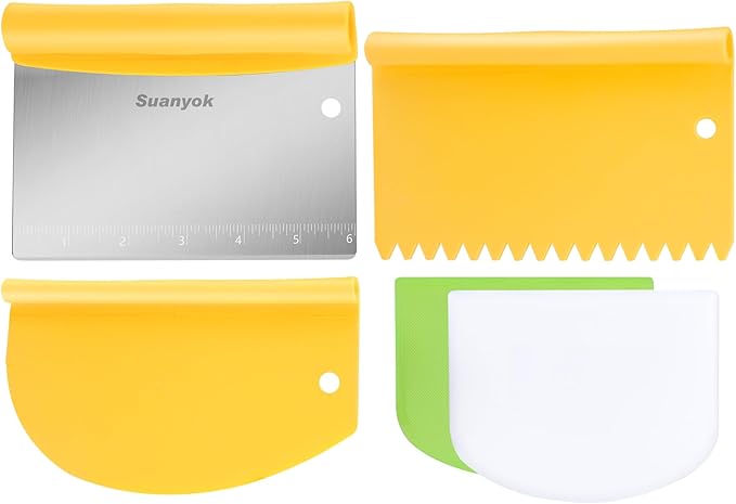 Bench Scraper Food Vegetable Chopper,Stainless Steel Pizza Dough Scraper-Flexible Plastic Bowl/Cake Scraper 5-Piece Set,Bread/Pastry/Pizza/Flour/Cheese Cutter (Yellow)