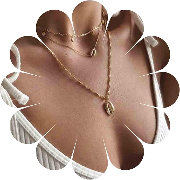 Boho Coin Disc Necklace Choker Gold Layered Shell Pendant Necklace Vintage Seashell Necklace Retro Singapore Chain Necklace Jewelry for Women Gifts-BrightBean Baby