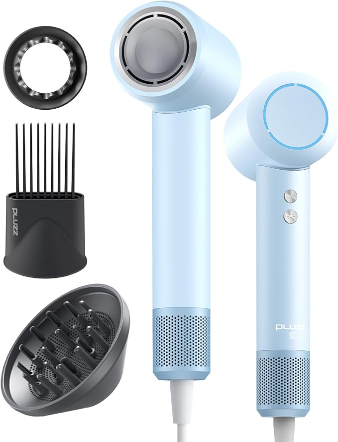 Hair Dryer with Comb & Diffuser Attachment for Curly Hair, PLUZZ 200M Negative Ionic Blow Dryer Brush, High-Speed Brushless Motor Hairdryer Fast, Portable Travel Hair Dryers Quiet, Women/Men/Kids-BrightBean Baby