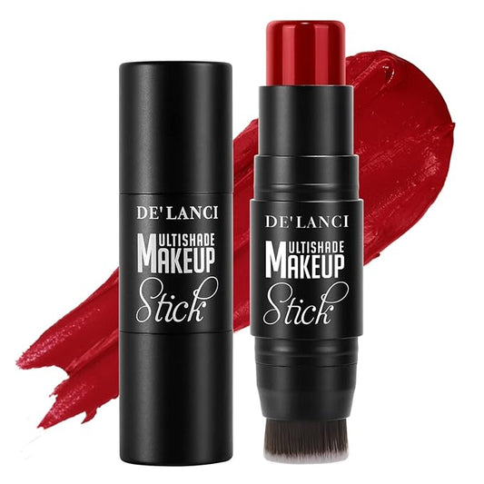 Matte Blush Stick with Built in Brush for Cheeks Summer,Ultra Pigmented Color Pop Makeup Dark Red Blush for Cheeks/Lip/Eyes,DE’LANCI Makeup Gifts for Women/Girl,Travel Size Cute Blush,Cruelty-Free #5-BrightBean Baby