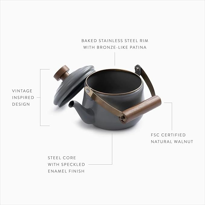 Barebones Enamel Teapot - Vintage Inspired Design - Baked Stainless Steel Rim - FSC Certified Natural Walnut Handle Tea Kettle - 1.5 Liters, 6 Cups (Slate Gray)