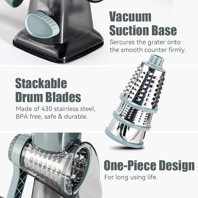 KEOUKE Rotary Cheese Grater Hand Crank Transparent - Shredder Slicer Grinder 3 Stainless Steel Blades, Stable Suction, Labor-Saving Handle, Safe Kitchen Tool for Cheese, Vegetable, Nuts, Chocolate