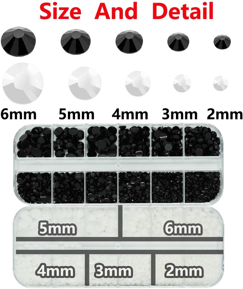 Black And White Rhinestones for Bedazzling With B7000 Glue, 2mm 3mm 4mm 5mm 6mm (SS8-SS30) Non-Hotfix Flatback Nail Gems Beads, Nail Crystals Diamond Kit for Bedazzle Crafting, Nails DIY Art-BrightBean Baby