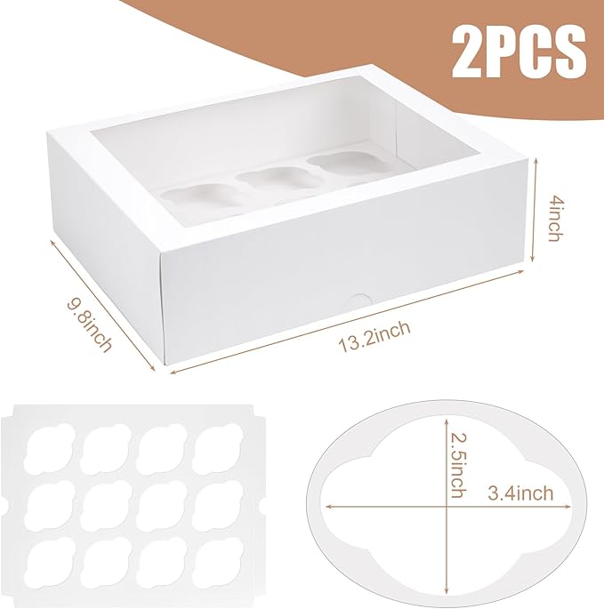 VGOODALL 2PCS White Cupcake Container, 12 Count with Window Boxes Holding 24 Pastry Box for Birthday Holiday Party Bakery Supplies