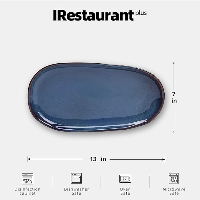 Organic Shape Restaurant Serving Tray 13” X 7", Commerical Grade Catering Stoneware Tray in Ir-regular Organic Shape, Chip & Scratch Resistant, Glossy Reactive Glaze Blue, Case of 12