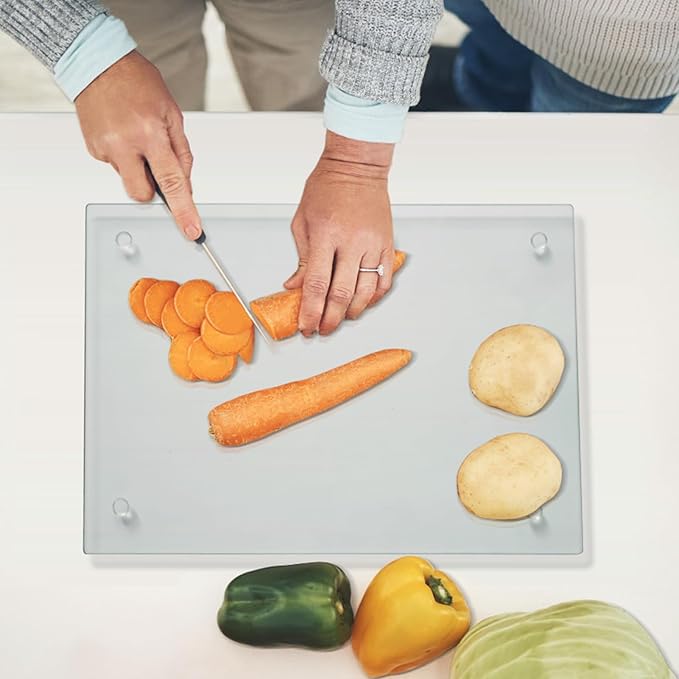 Tempered Glass Cutting Board for Kitchen, Clear Glass Board for Countertop, Heat Resistant, with Non-Slip Feet, 12x16" 1Pcs
