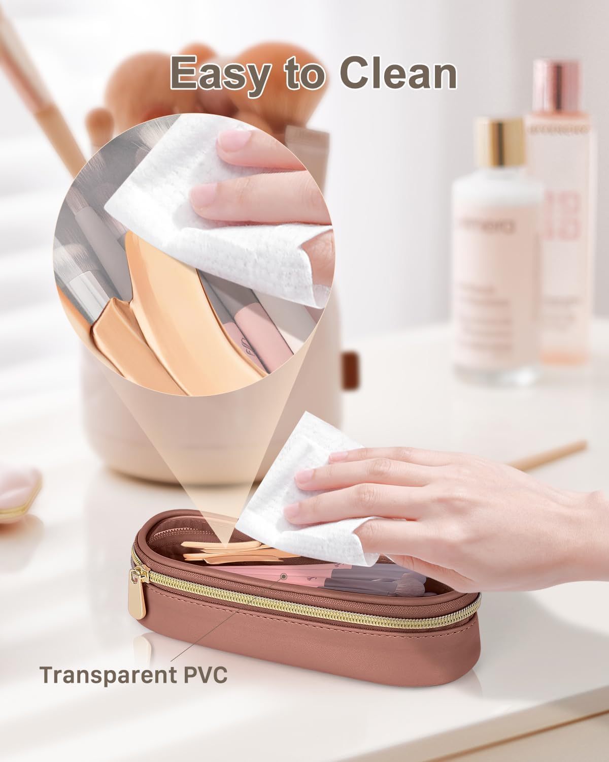 Clear Travel Makeup Brush Holder, Leather Makeup Brush Toiletry Bag, Portable Cosmetic Brush Case, Transparent Waterproof Makeup Brush Storage Bag, Brown-BrightBean Baby