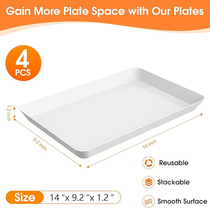 4-Pack Serving Tray, Serving Platter for Parties, Entertaining, Camping & Food Display, Reusable & Stackable Plastic Trays in Kitchen, Rectangular Food Platters for Cookie, Appetizer(White)