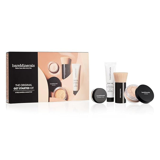 bareMinerals Original Get Started Kit, 4 Piece Mini Mineral Makeup Includes Original Loose Foundation, Face Primer, Setting Powder, Brush, Travel Sizes, Must-Have Kit, Vegan-BrightBean Baby