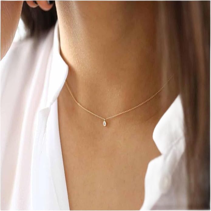Boho Tiny Crystal Choker Gold Clear Quartz Pendant Necklace Minimal Dot CZ Choker Necklace Simple Everyday Necklace Wedding Necklace Jewelry for Women and Girls Gifts-BrightBean Baby