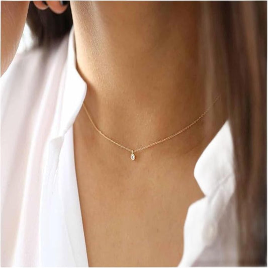 Boho Tiny Crystal Choker Gold Clear Quartz Pendant Necklace Minimal Dot CZ Choker Necklace Simple Everyday Necklace Wedding Necklace Jewelry for Women and Girls Gifts-BrightBean Baby