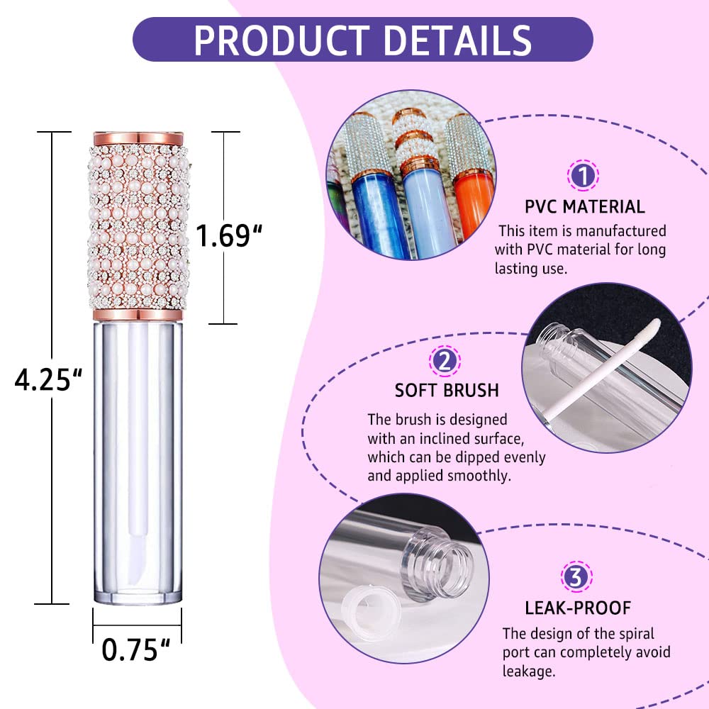 AMORIX 72pcs 5ml Diamond Lip Gloss Tubes With Wand - Empty Rhinestone Containers, Crystal Bottles, Supplies Kit - 4 Syringes + Labels for DIY Base-BrightBean Baby