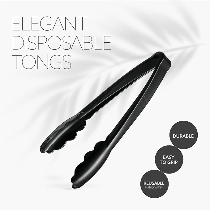 [Black Tongs 9'' Inches] Plasticpro 9'' Serving Tongs Heavy Duty Reusable Kitchen and BBQ Black Serving Tong for party's, Caterings, Events, Buffet, Weddings, And every Day use Pack of 12