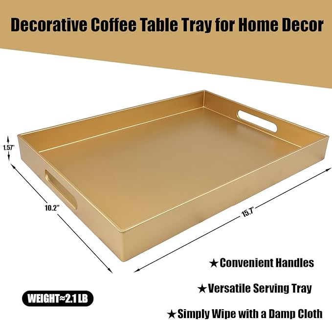 Gold Serving Tray for Coffee Table, Rectangular Plastic Decorative Tray with Handles for Entertaining, Outdoor Patio, Living Room, Ottoman, Bathroom Counter, 11.8”*15.7”*1.6”