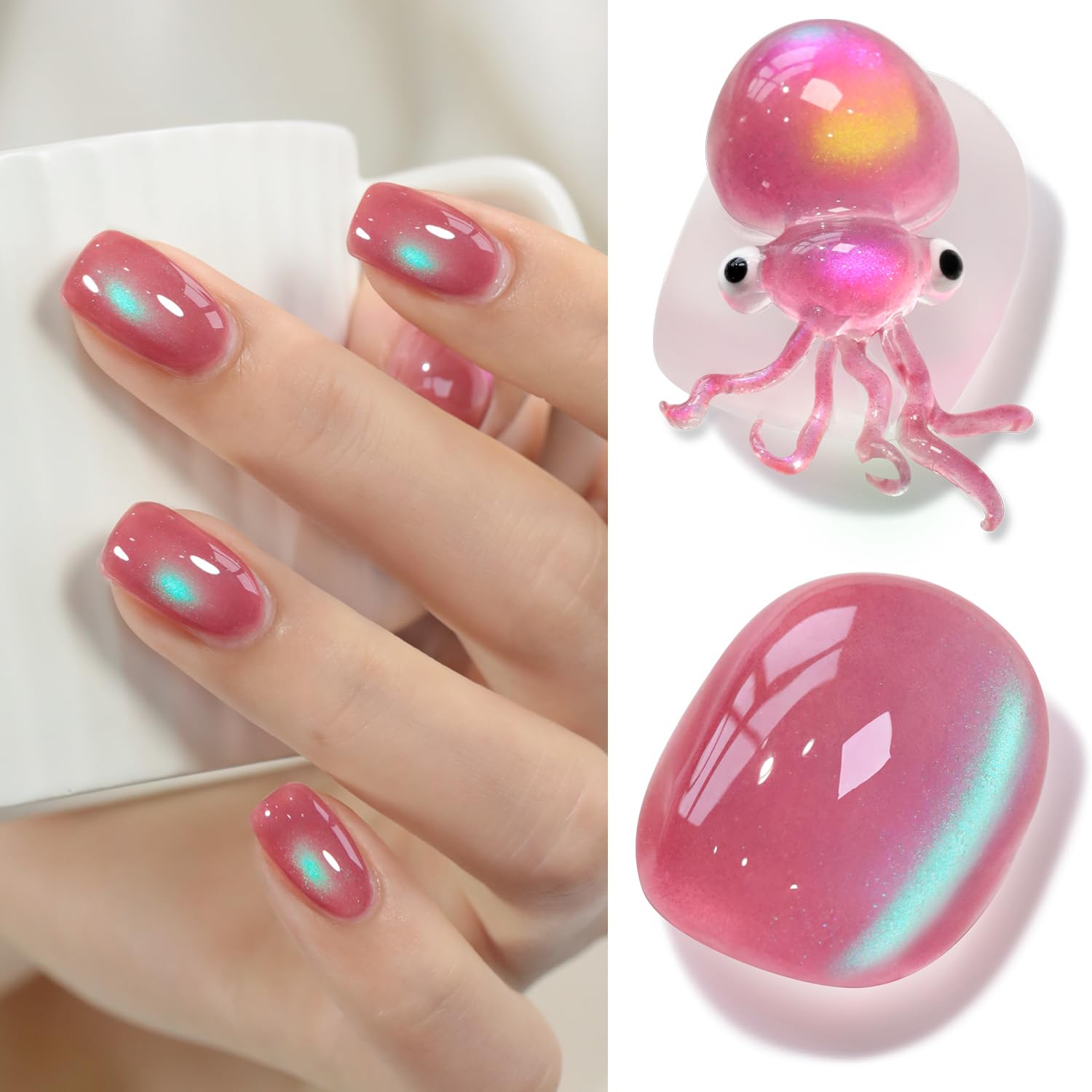 Double Rhythm Jelly Glass Cat Eye Gel Polish with Magnet 15ML Holographic Glitter Shimmer Translucent Sheer Color Magnetic Nail Polish Salon DIY at Home (Pink Teal-MC1267)-BrightBean Baby