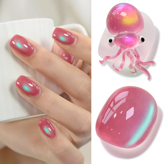Double Rhythm Jelly Glass Cat Eye Gel Polish with Magnet 15ML Holographic Glitter Shimmer Translucent Sheer Color Magnetic Nail Polish Salon DIY at Home (Pink Teal-MC1267)-BrightBean Baby