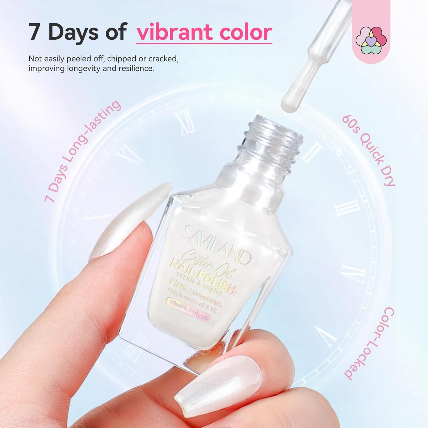 SAVILAND Color Artistry Pearl White Nail Polish - 7 Days Shimmer Aurora Finish Fingernail Polish, Ultra Quick -Dry & Long-Lasting Glossy Toe Nail Lacquer for Salon Manicures & Pedicures DIY Nail Art-BrightBean Baby
