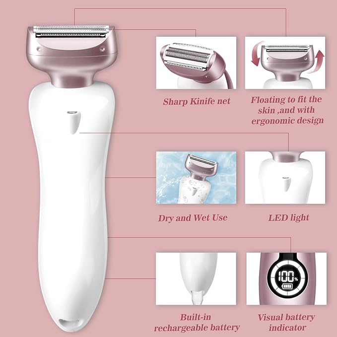 Electric Shaver for Women for Legs Bikini Trimmer Electric Razors for Women Underarm Public Hairs Rechargeable Womens Shaver Wet Dry Use Painless Cordless with Detachable Head (Pink)-BrightBean Baby
