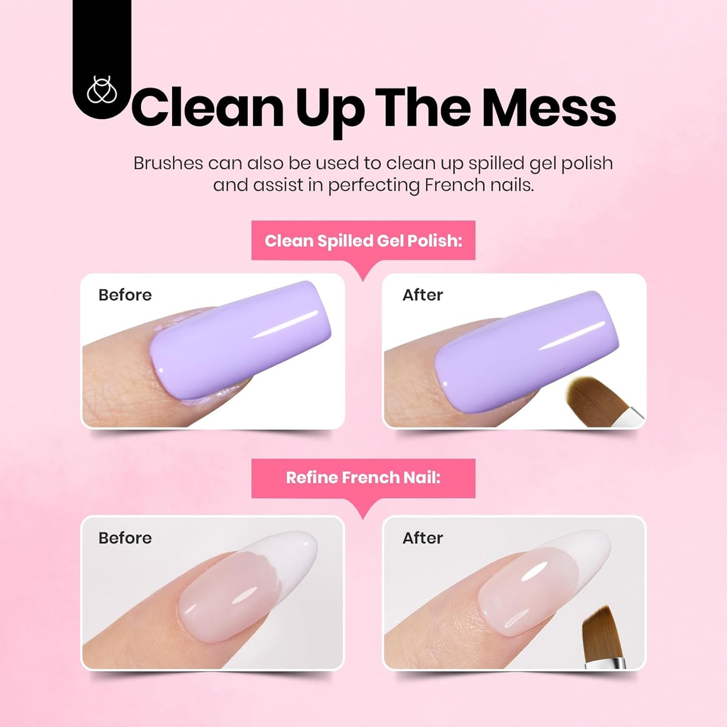 Beetles Nail Art Brushes, 6 Pcs Fingernail Art Design Pens, Pink Handle French Tip Ombre Clean Up Nail Brush Set for Gel Polish with Palette DIY Manicure Tools Gift for Women-BrightBean Baby