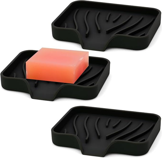 3-Pack Silicone Soap Dish, Bar Soap Holder, Soap Dishes for Bar Soap, Easy to Clean, Self Draining Soap Tray for Shower, Bathroom, Kitchen, Bathtub, Keep Soap Dry, Save Soap (Black)-BrightBean Baby