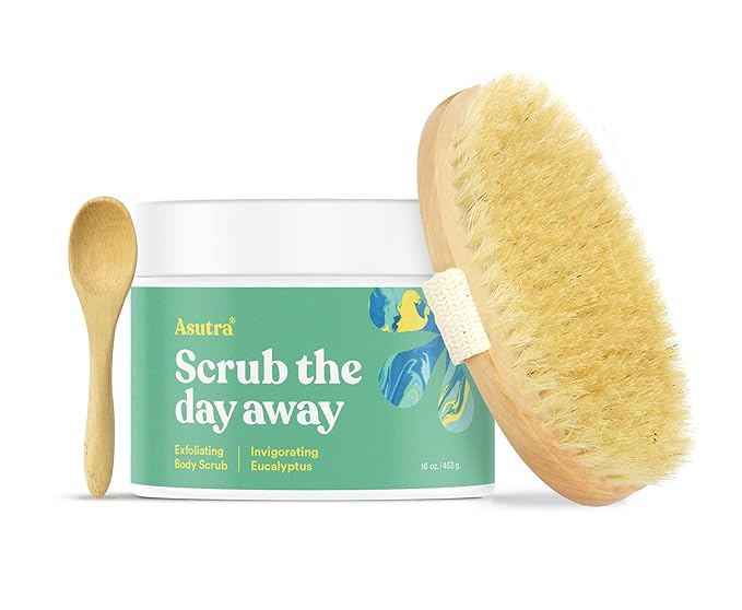 ASUTRA Dead Sea Salt Essential Oil Body Scrub Exfoliator and Dry Brush Bundle (Invigorating Eucalyptus), 16 oz - Ultra Hydrating, Gentle, & Moisturizing - Coconut, Eucalyptus, and Marjoram Oils-BrightBean Baby