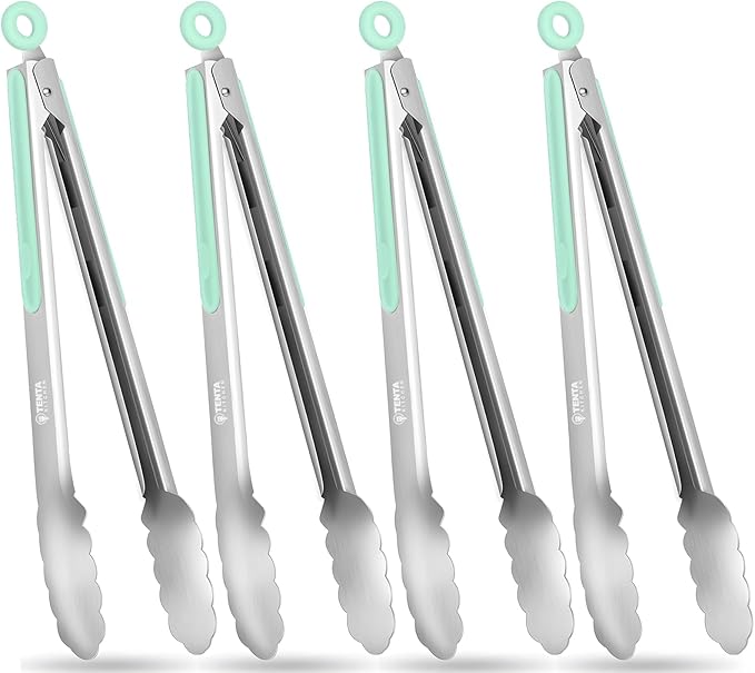 Tongs for Cooking, 12-Inch Stainless Steel Kitchen Tongs, Locking Metal Food with Silicone Non-Slip Grip, Kitchen Utensils for Food, Salad and Outdoor BBQ, Set of 4 (Mint Green)