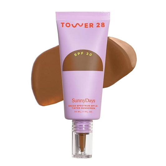 Tower 28 Beauty SunnyDays SPF 30 Tinted Mineral Sunscreen - For Sensitive Skin - 2-in-1 Facial Broad Spectrum UVA/UVB Protection + Foundation – Shade 55 TEMESCAL, 1 Fl Oz-BrightBean Baby