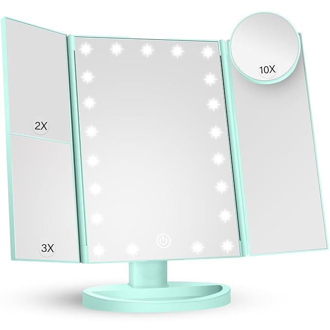 HUONUL Makeup Mirror Vanity with Lights, 2X 3X 10X Magnification, Lighted Mirror, Touch Control, Trifold Dual Power Supply, Portable LED Women Gift (Green)-BrightBean Baby