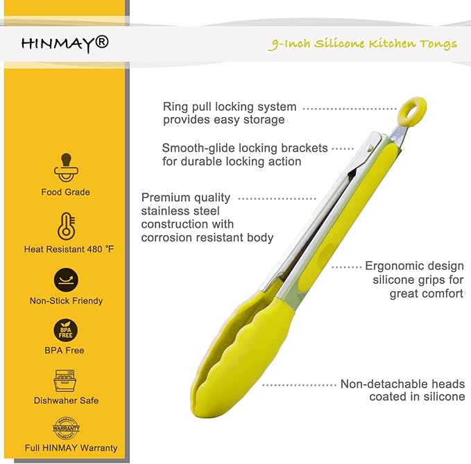 Silicone Tipped Tongs 9-Inch Kitchen Cooking Tongs, Set of 3 (Yellow)