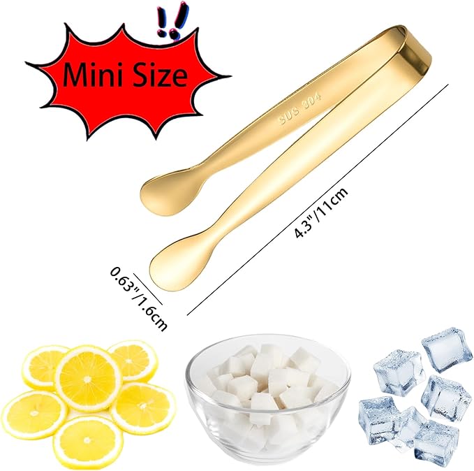 8PCS Gold Mini Metal Tongs, 4.3" Stainless Steel Tiny Tong, Small Kitchen Accessories for Serving Food, Ice, Sugar Cube, Salad, Toaster, Desserts