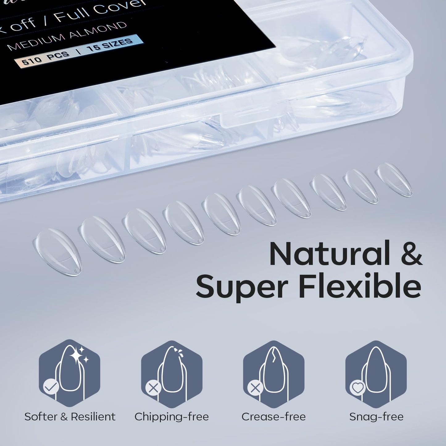 Modelones Almond Fake Nail Tips -510Pcs Medium Soft Gel Nail Tips Almond Shape Pre Etched Half Matte Full Cover Clear Acrylic Gel Kit False Press on for Extension Manicure Salon DIY at Home 15 Sizes-BrightBean Baby
