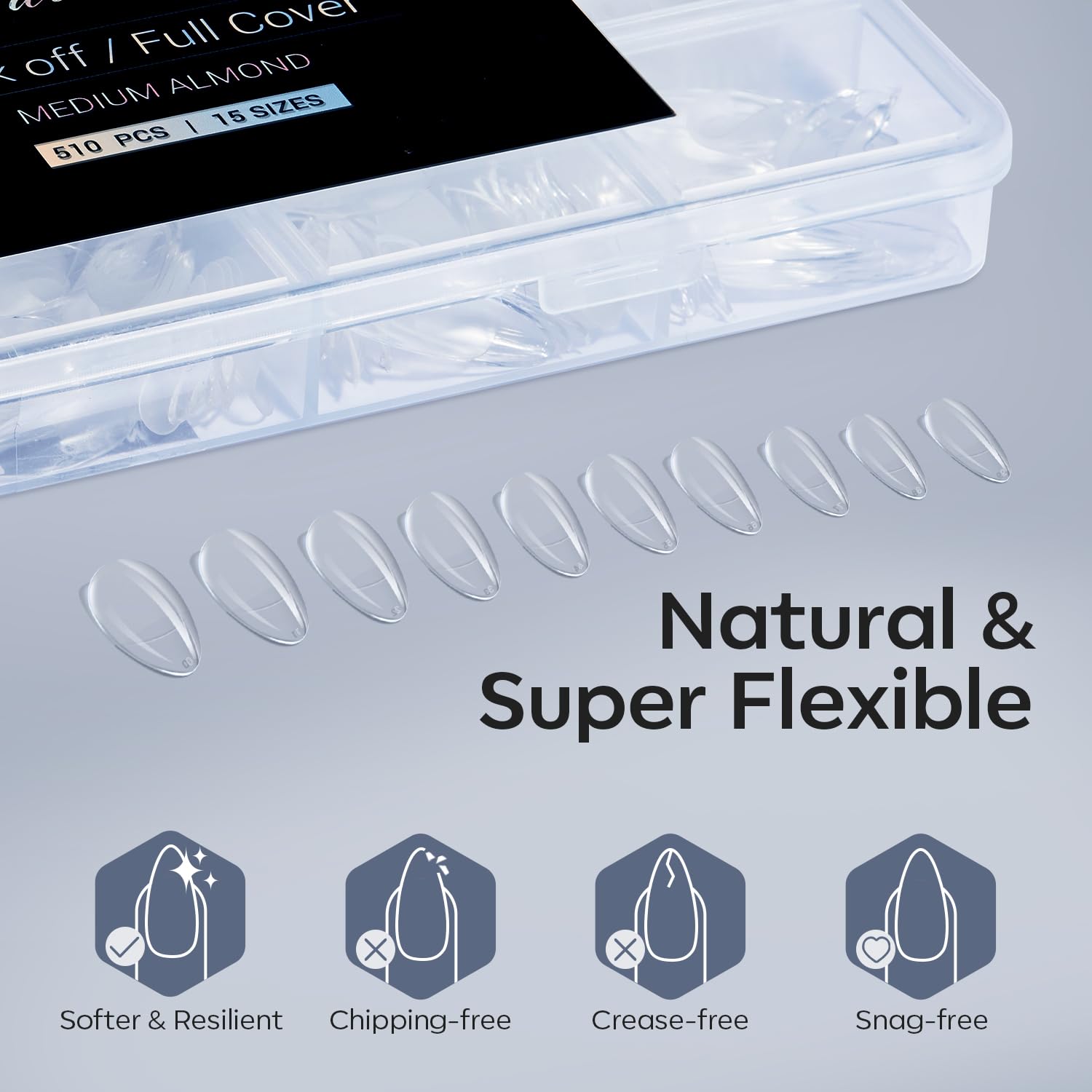 Modelones Almond Fake Nail Tips -510Pcs Medium Soft Gel Nail Tips Almond Shape Pre Etched Half Matte Full Cover Clear Acrylic Gel Kit False Press on for Extension Manicure Salon DIY at Home 15 Sizes-BrightBean Baby