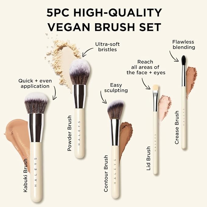 HALEYS Makeup Brush Set 5 pcs: Soft, Streak-free, Perfect Blending, Buff, Blurs and Smooth, Premium Luxury Vegan Bristles, For Liquid, Cream or Powder, Vegan, Cruelty-free, Sustainable Wood-BrightBean Baby