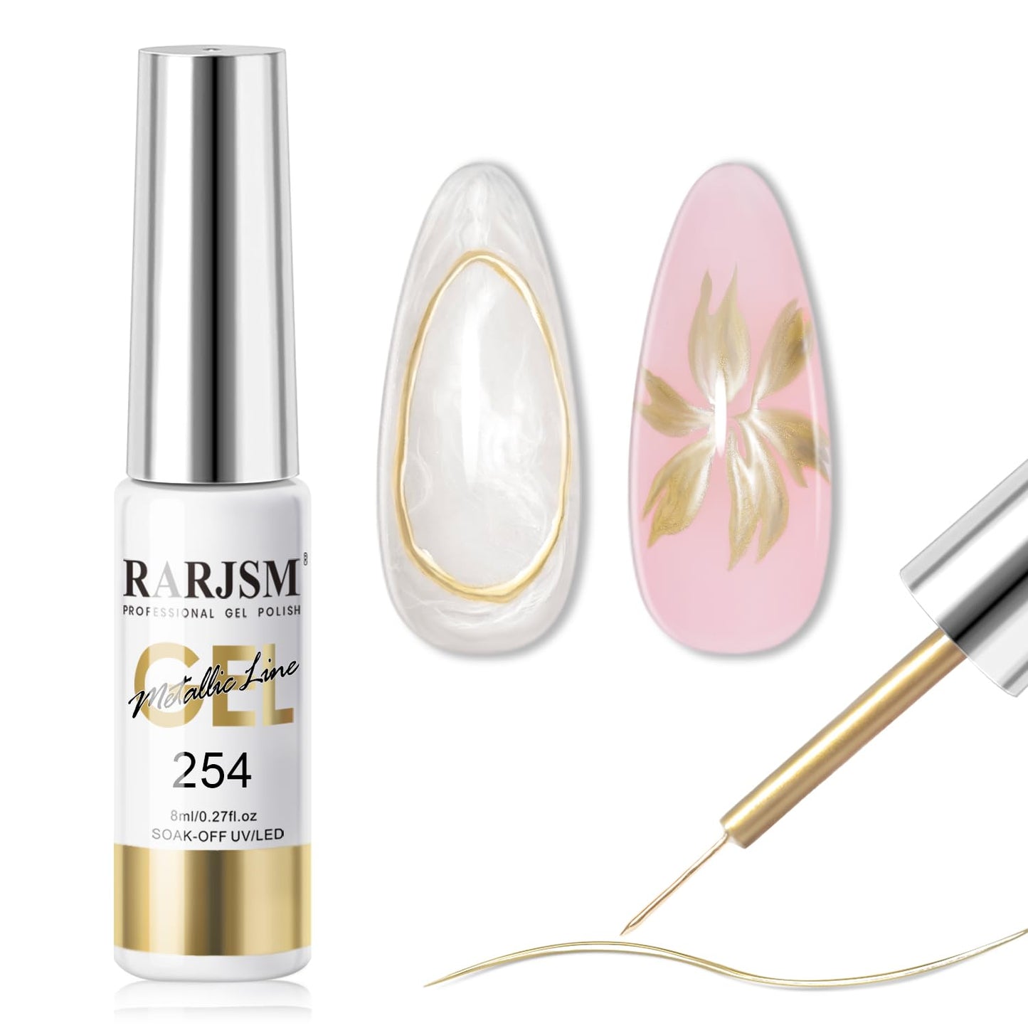 RARJSM Metallic Chrome Gel Liner Nail Art Champagne Gold 3D Mirror Effect Gel Nail Polish 8ml Build in Thin Brush Metal Painted Drawing Striper Painting GelPolish Soak off Curing Requires Home Salon-BrightBean Baby