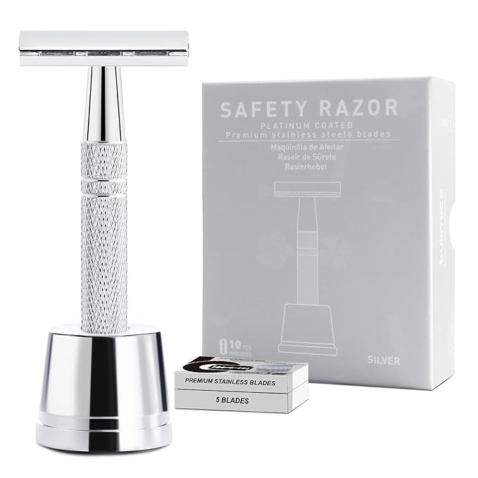 Double Edge Safety Razor with Stand, Single Blade Razors for Men and Women, Metal 1 Blade Razor, with 10 Platinum Coated Stainless Steel Double Edge Blades, Smooth and Close Shave, Silver-BrightBean Baby