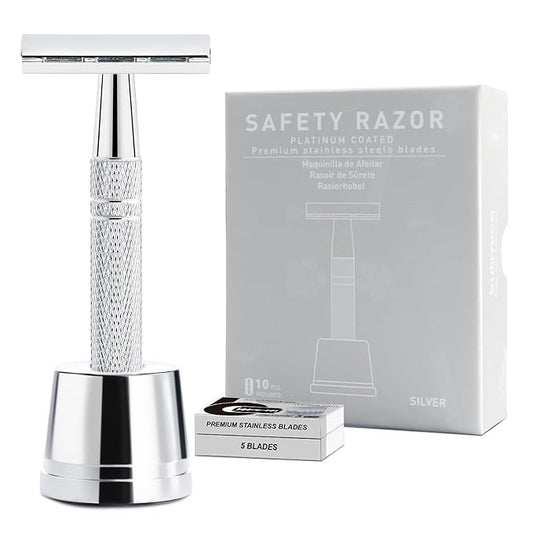 Double Edge Safety Razor with Stand, Single Blade Razors for Men and Women, Metal 1 Blade Razor, with 10 Platinum Coated Stainless Steel Double Edge Blades, Smooth and Close Shave, Silver-BrightBean Baby
