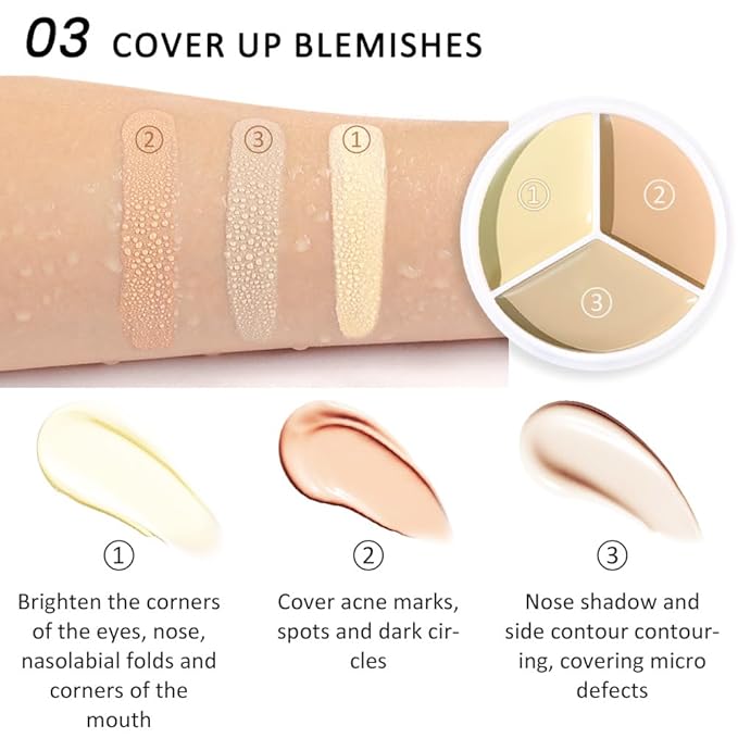 Kaely Tri Color Concealer Pot,Color Correcting Concealer for Dark Circles Spots,3 Color Cream Concealer Full Coverage,Foundation Contour Makeup Palettes,under Eye Brightener corrector de ojeras,03-BrightBean Baby