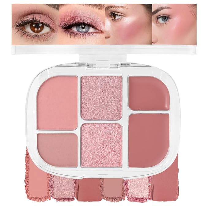 6-in-1 Cream & Powder Makeup Palette – Blush Highlighter & Eyeshadow, Matte & Shimmer Rose Nude Tones, Travel-Friendly Compact for Daily & Travel Use 02-BrightBean Baby