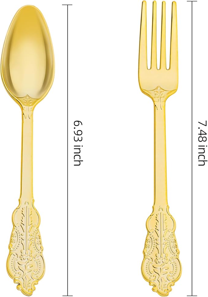 N9R 200PCS Gold Spoons and Forks Set, Heavy Duty Gold Plastic Silverware Set Fancy Disposable Utensils for Parties, Elegant Cutlery Sets for Wedding, Birthday(100 Forks & 100 Spoons)