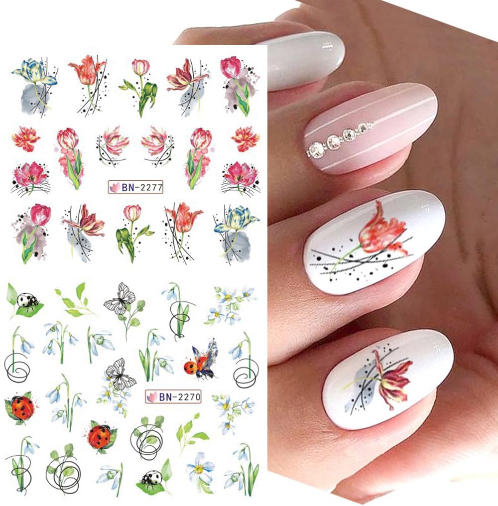 Flowers Nail Art Stickers Decals Tulip Floral Leaf Watercolor Nail Art Decals Transfer Foils for Nails Supply Butterfly Flowers Designs Nail Tattoo Sliders for Women DIY Manicure Nail Decoration 12PCS-BrightBean Baby