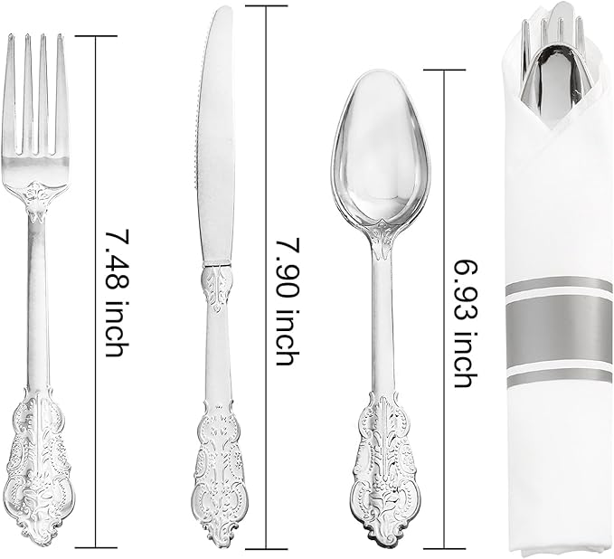 Liacere 400PCS Silver Plastic Silverware - Pre Rolled Napkins Disposable Silver Cutlery-Premium Quality Gold Plastic Utensils - Includes 100Forks,100Knives,100Spoons,100Napkins&Christmas